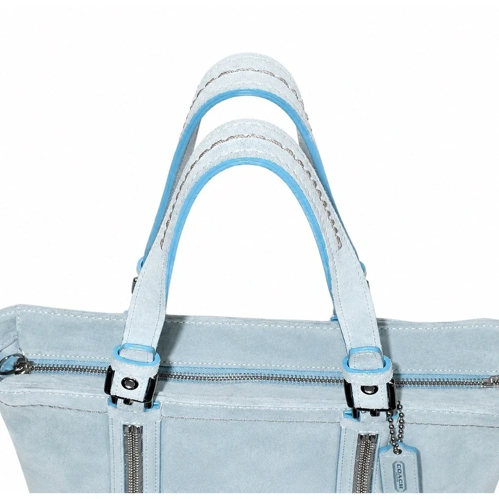 Coach 2005 Leatherware Metallic Bead‎ Suede Gallery Tote Blue Silver J05J